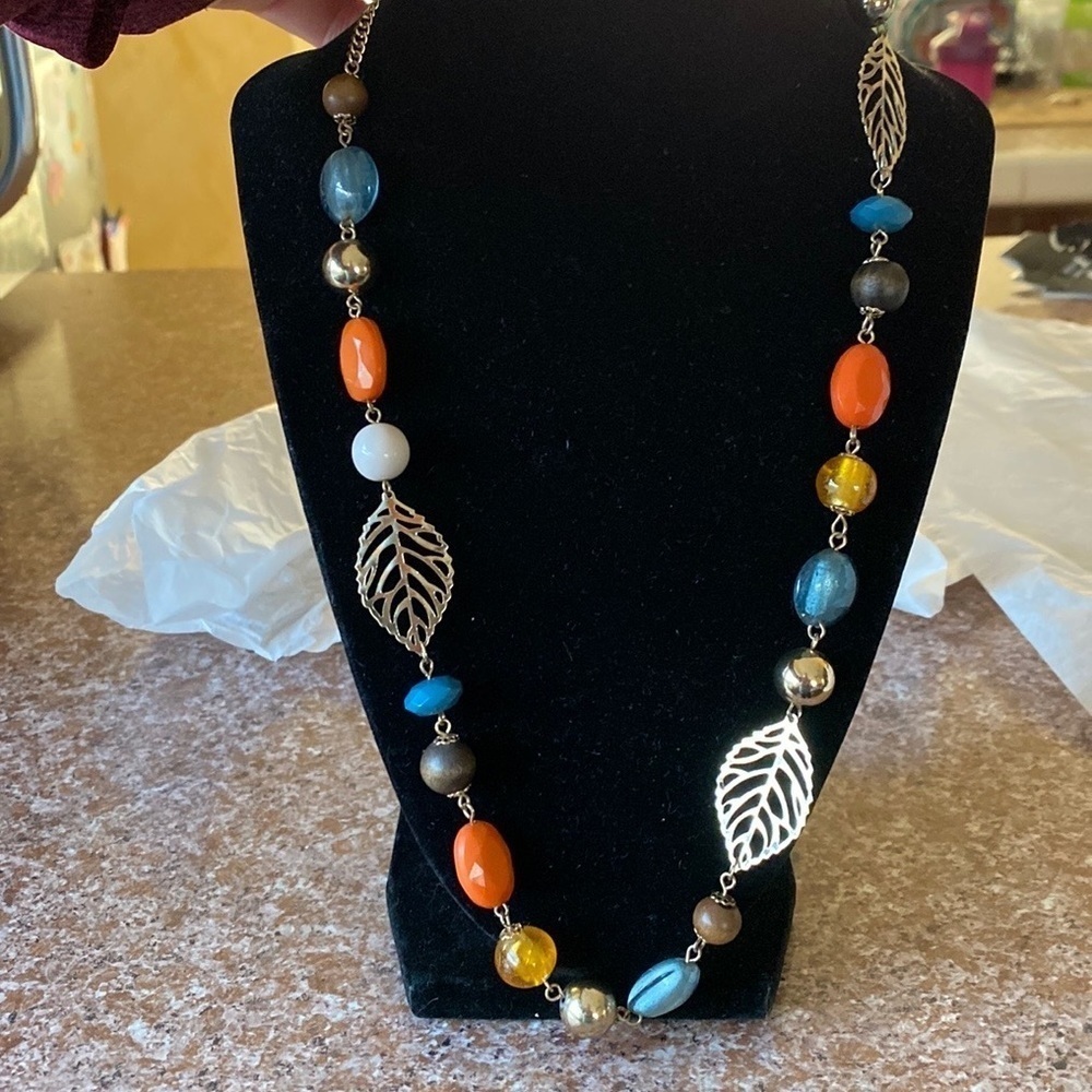 COLORFUL beaded, gold and delicate filigree leaf long statement necklace